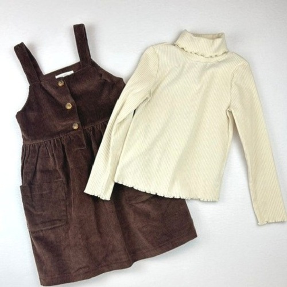 Nannette Kids Jumper Dress Set Brown Corduroy Cream Turtleneck Girls Size 6
